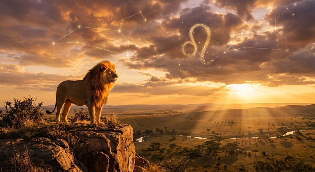 Lion under starry constellation backdrop